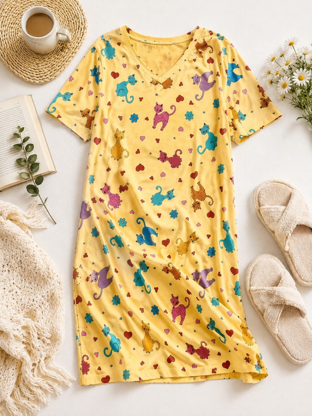 Women's Yellow V-Neck Sleep Dress with Colorful Cat Print
